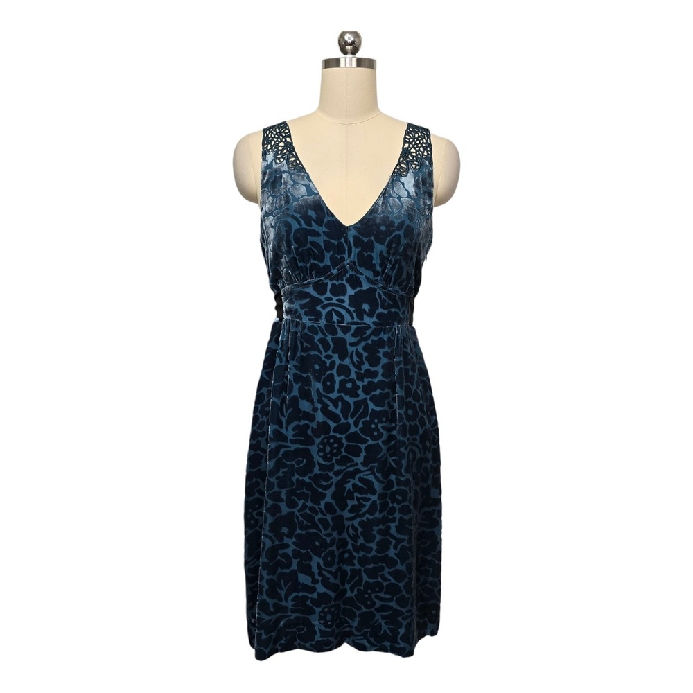 Moulinette Soeurs Velvet Burnout Floral Dress Blue Lace Trim V Neck Midi Size 4